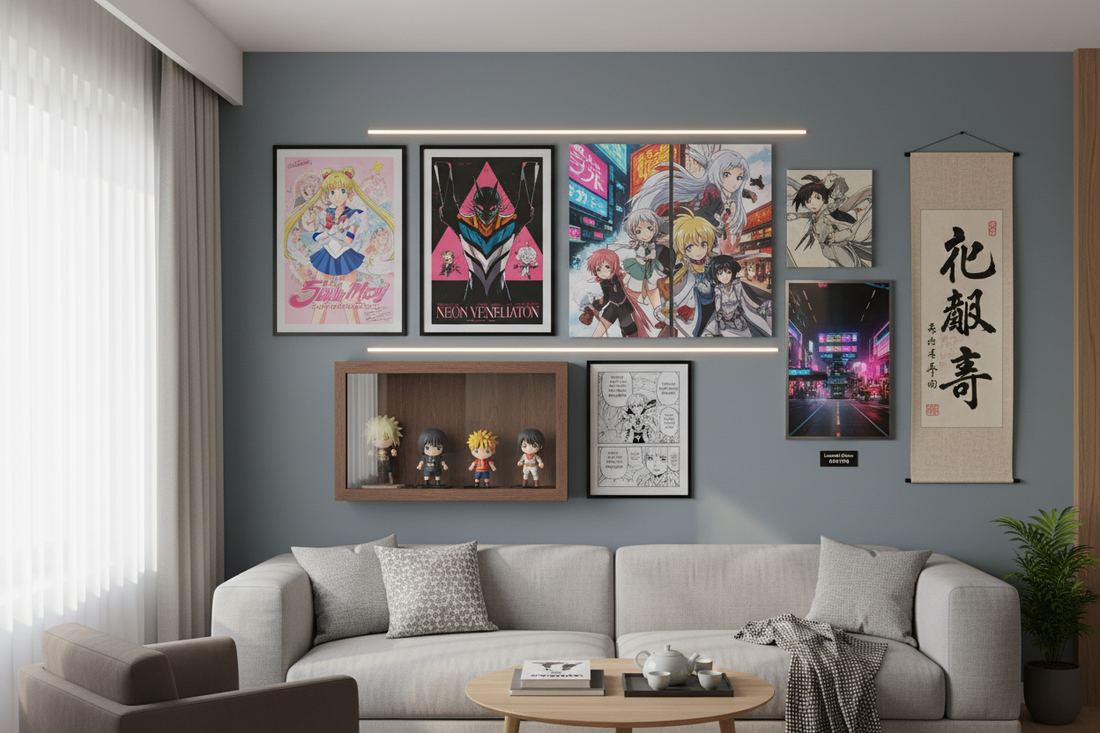 Anime wall decorations ideas featuring posters, manga panels, and collectible figures for stylish fan spaces