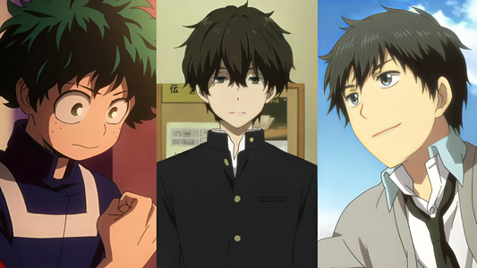 Anime protagonists with dark hair in different school uniforms, showcasing popular anime character styles