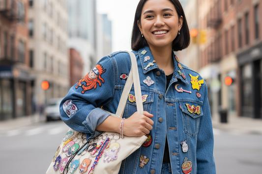 Trendy anime clothing fashion with colorful character patches on a denim jacket and tote bag for fans
