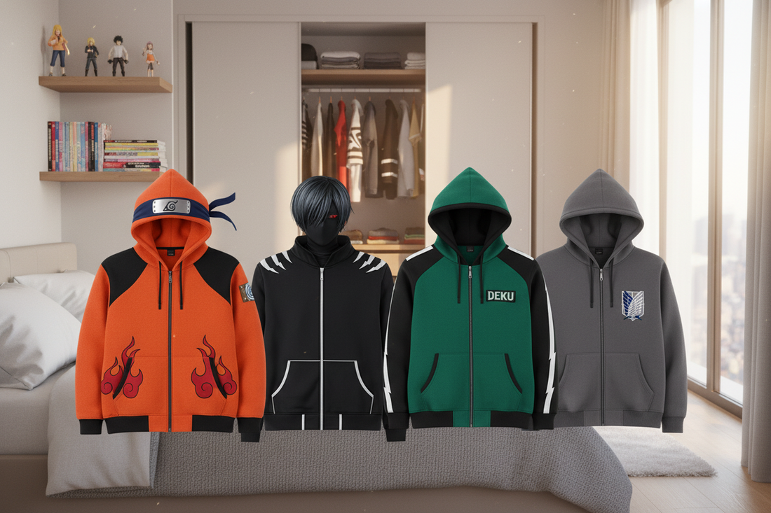 Colorful anime cosplay hoodies inspired by popular series displayed in a stylish bedroom for anime fans