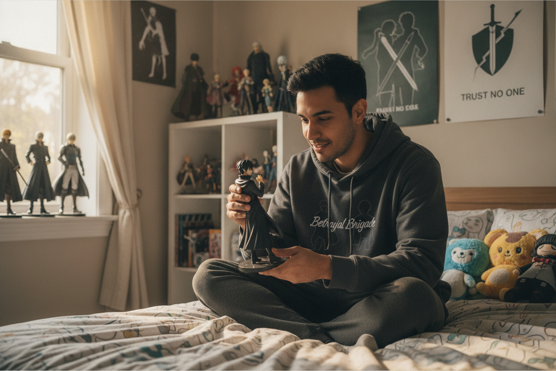 Anime fan examines collectible figure closely to avoid anime frauds and spot authentic merchandise
