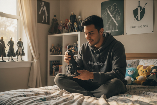 Anime fan examines collectible figure closely to avoid anime frauds and spot authentic merchandise