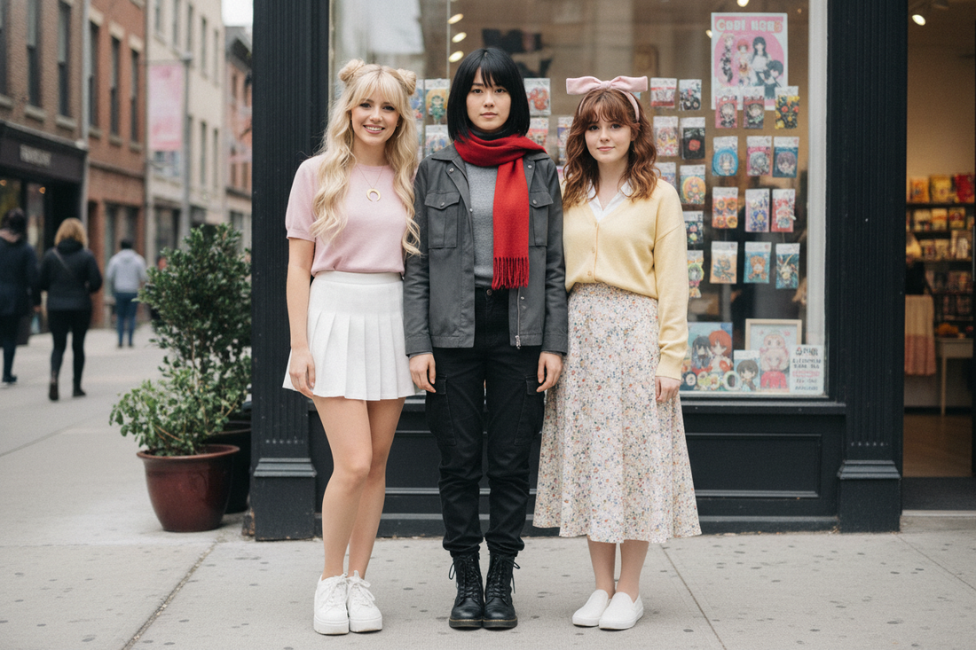 Anime heroines inspired street fashion with three fans posing in colorful, character-themed outfits