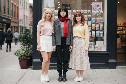 Anime heroines inspired street fashion with three fans posing in colorful, character-themed outfits