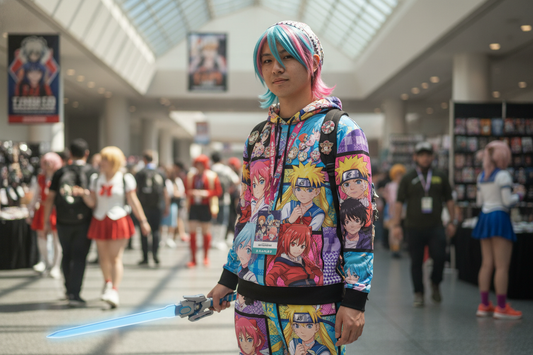 Anime hoodie cosplay outfit with vibrant character prints worn at a lively convention for anime fans