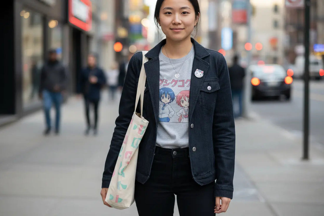 Anime merchandise styling tips for casual streetwear featuring graphic tees, pins, and tote bags