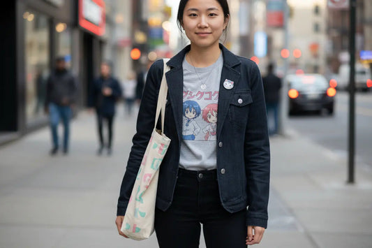 Anime merchandise styling tips for casual streetwear featuring graphic tees, pins, and tote bags