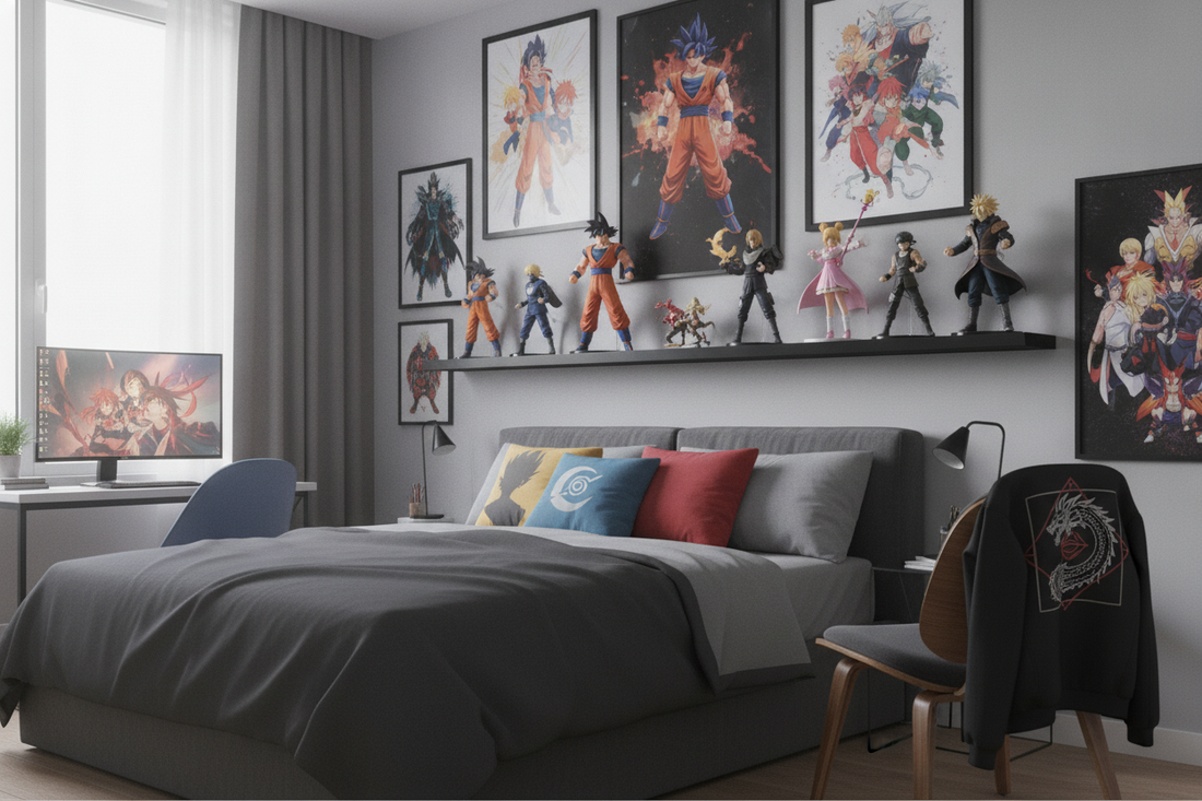Anime legends bedroom decor with collectible figures, wall art, and cozy pillows for ultimate fan inspiration