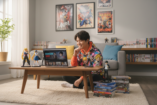 Anime series fan enjoying streaming with collectible figures and manga in a cozy room setup