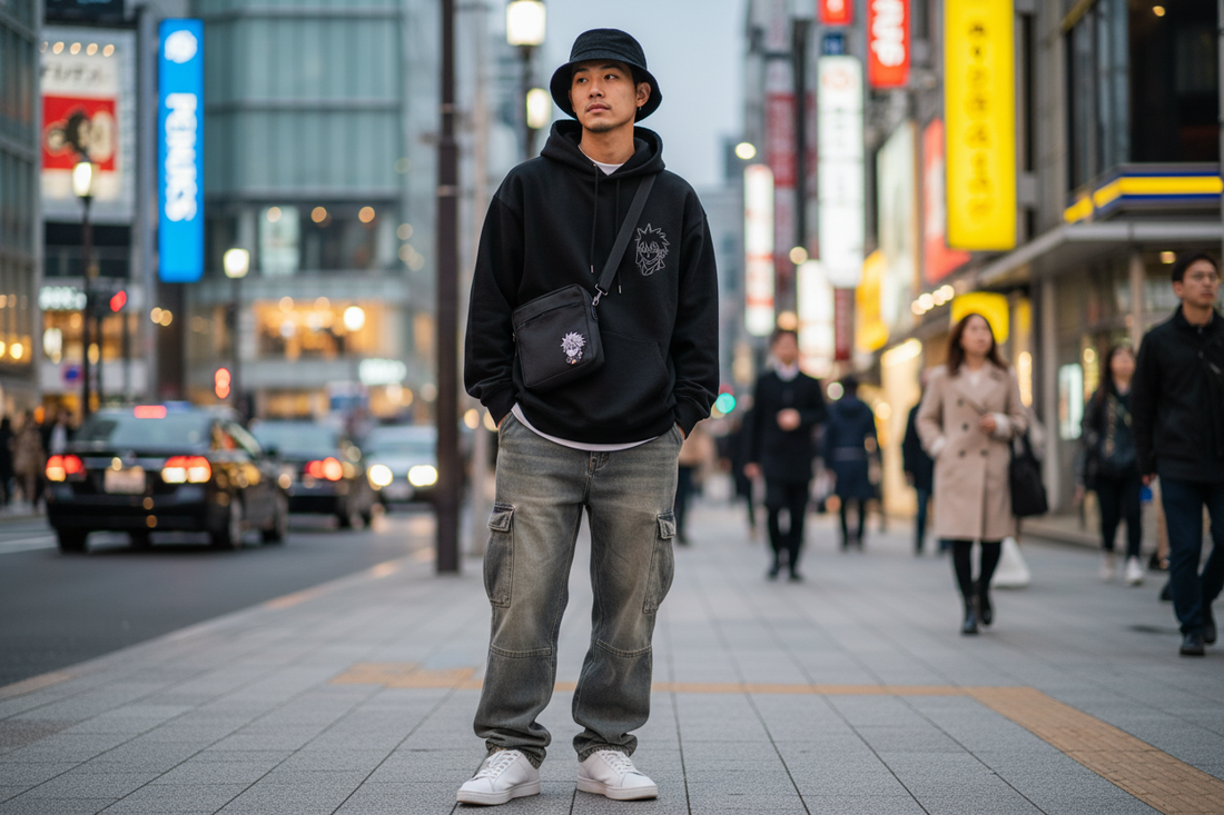 Trendy anime streetwear fashion with graphic hoodie and cargo pants for urban anime fans