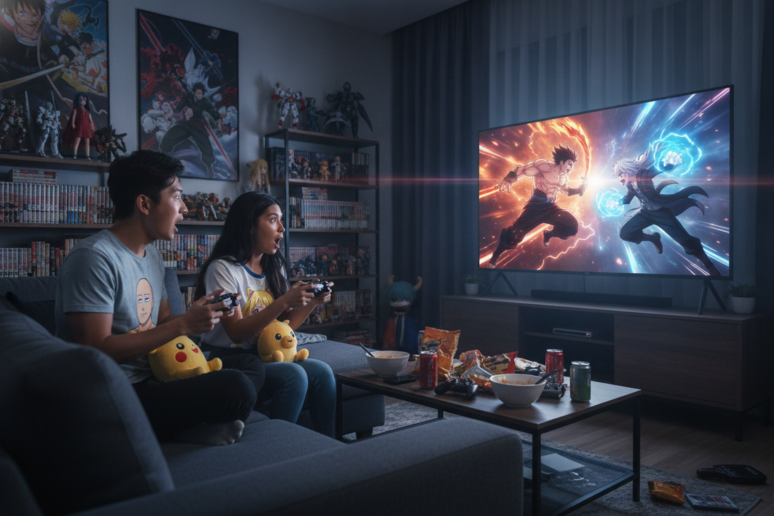 Anime fans watching the best anime fights on TV, surrounded by collectibles and snacks for a fun night