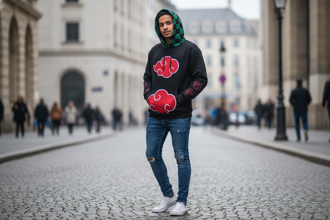 Street style featuring one of the best anime hoodies with bold Akatsuki and checkered patterns for fans