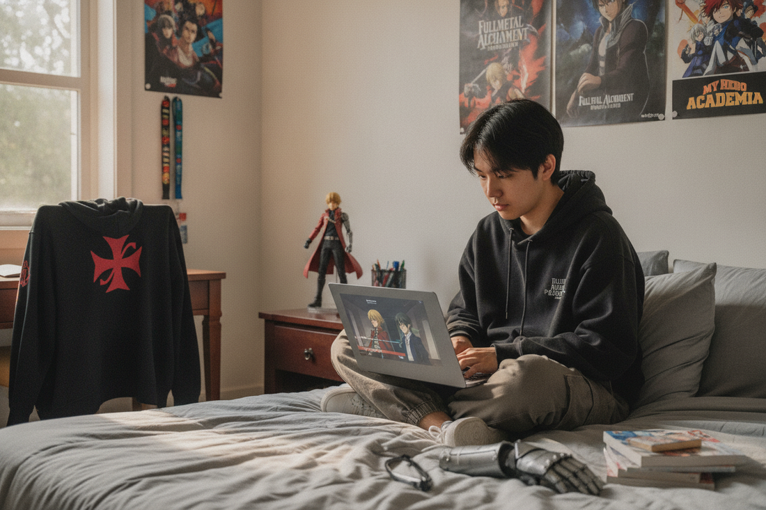 Anime fan enjoying the best anime series in a themed room with posters, manga, and cosplay items