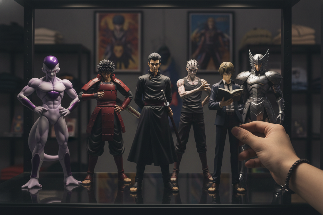 Collectible figures of the best anime villains displayed on a shelf for fans and collectors