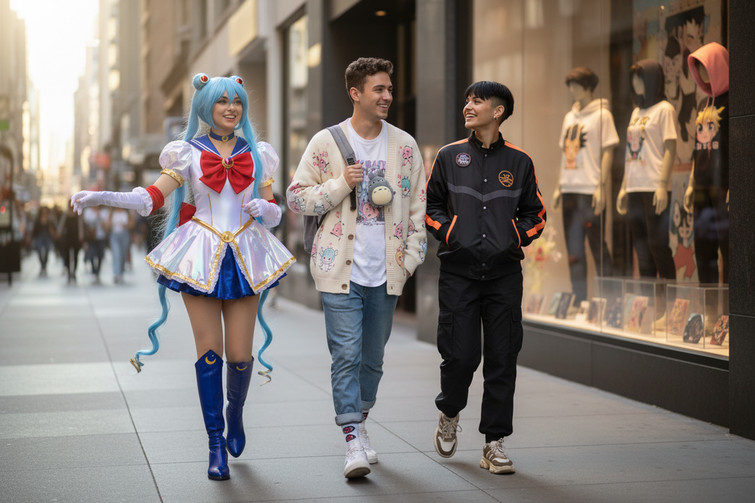 Friends showcase Anime Apparel fashion with cosplay and streetwear outside an anime-themed clothing store