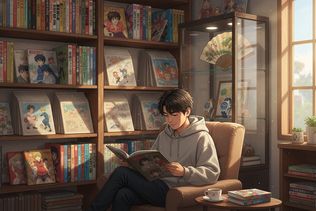 Cozy reading nook for anime finds with rare manga and collectibles in a sunlit shop for fans