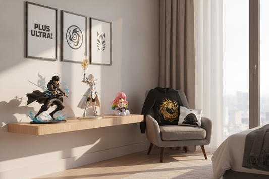 Fan favourites anime characters displayed as collectible figures and trendy apparel in a modern bedroom setup