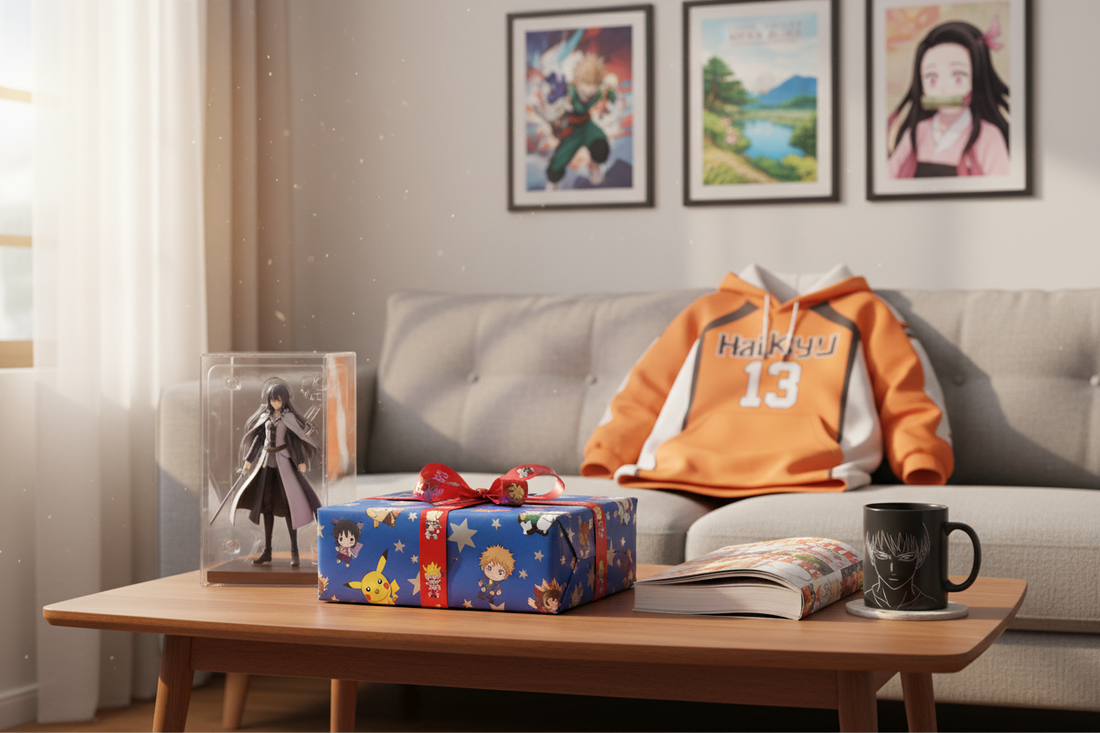 Anime merchandise gift ideas featuring figures, themed hoodie, collectible mug, and manga for fans and collectors