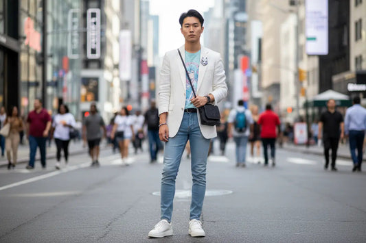 Anime merchandise styling guide featuring casual streetwear with anime graphic tee and accessories