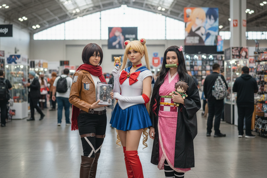 Cosplayers dressed as the most popular anime female characters at a lively anime convention event