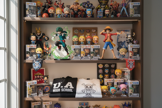 Anime merchades from top series including figures, Funko Pops, and apparel for collectors and fans