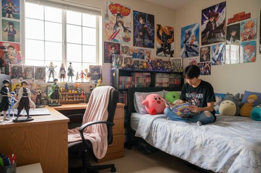 Anime fan bedroom decorated with posters, figures, and plushies showcasing popular anime trends and collectibles