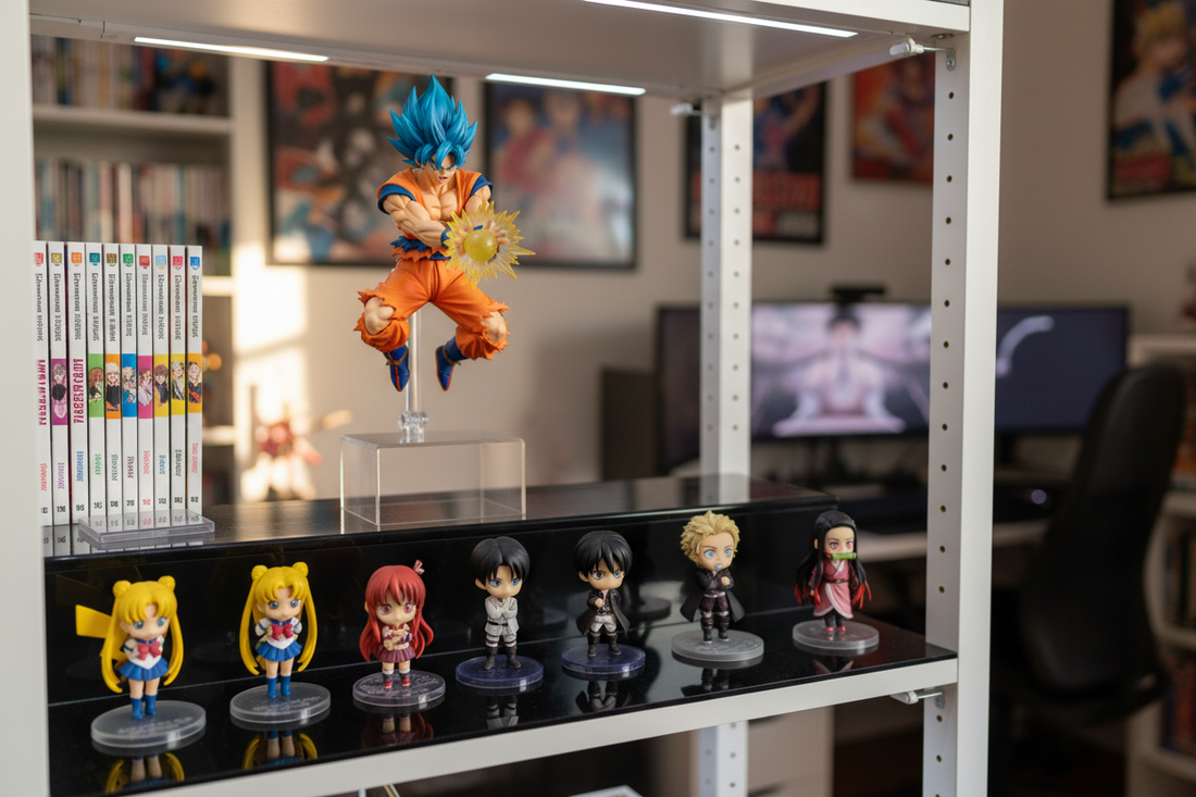 Colorful anime figures displayed on shelves in a collector’s room for anime fans and enthusiasts