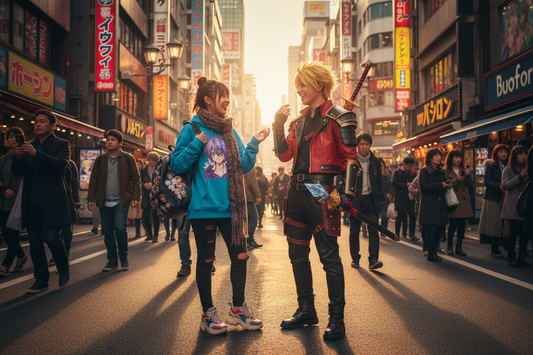 Anime fans showcase the biggest anime trends with cosplay and character fashion in a lively city street