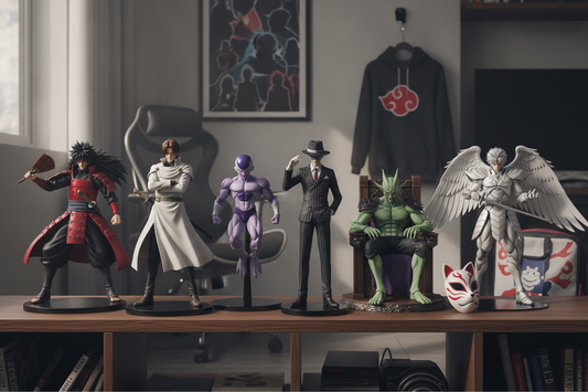 Collectible figures of the strongest anime villains displayed on a shelf for anime fans and collectors