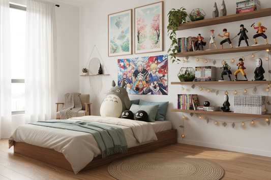 Anime room decor ideas with plush toys, manga shelves, and colorful wall art for fans and collectors