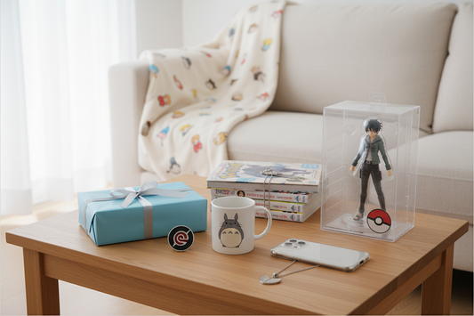 Anime merchandise gift ideas featuring figures, manga, themed mugs, and collectible accessories for fans