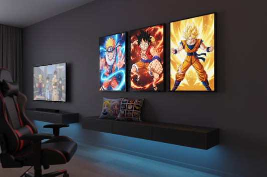 Anime LED light frames featuring vibrant character art illuminate a modern fan’s gaming and collection space