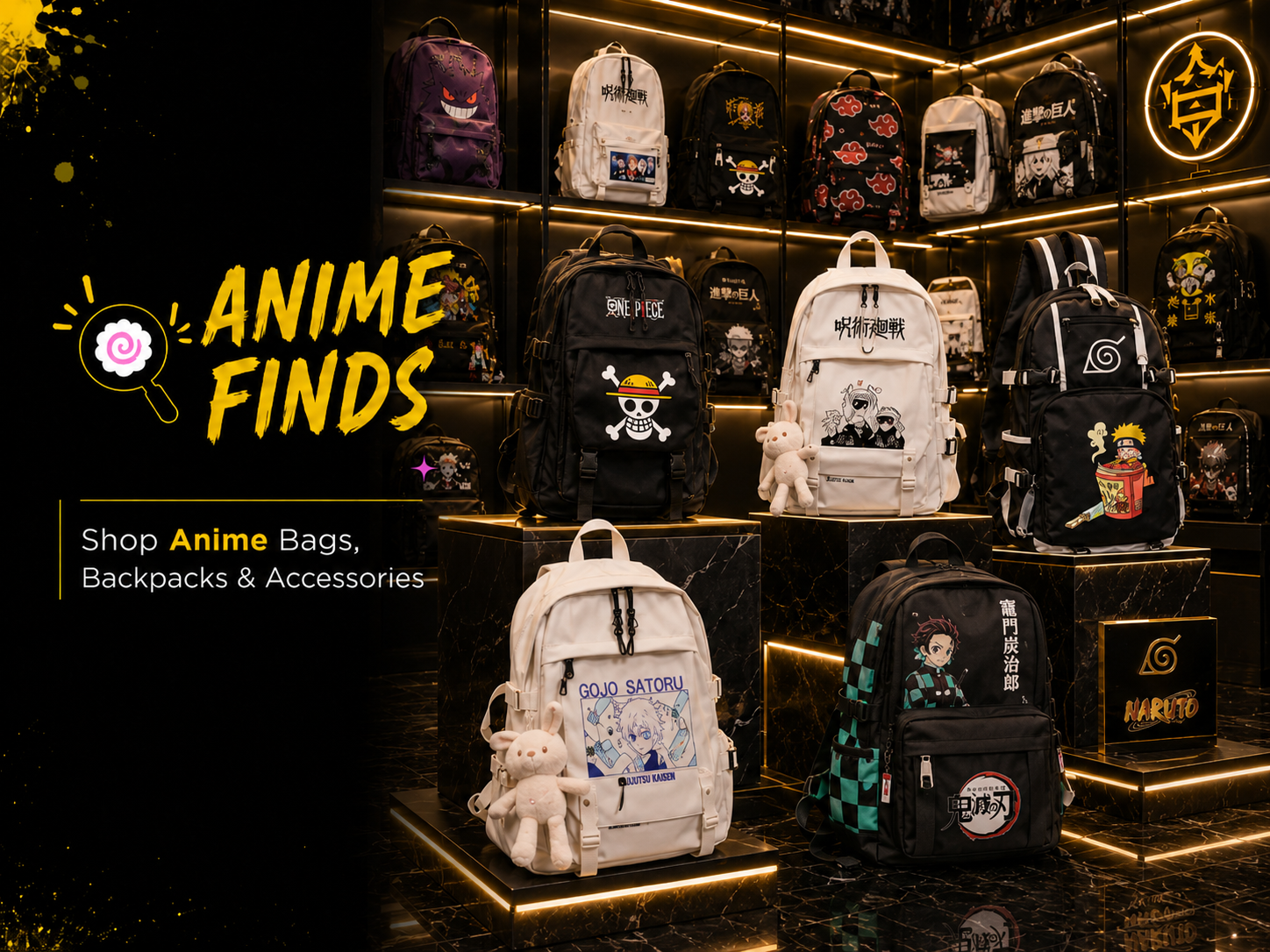Anime bags and backpacks featuring character-inspired designs from popular anime series, suitable for school, travel, conventions and everyday use.