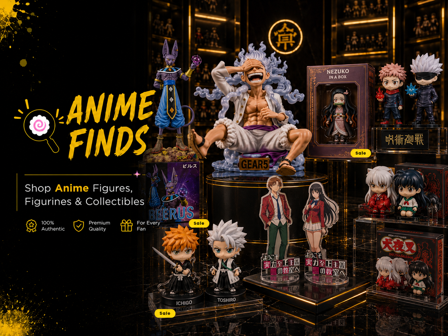 Anime Finds banner featuring anime figures, Aniem collectibles, figurines, and collectibles, including Luffy Gear 5, Beerus, Nezuko, and Jujutsu Kaisen characters.