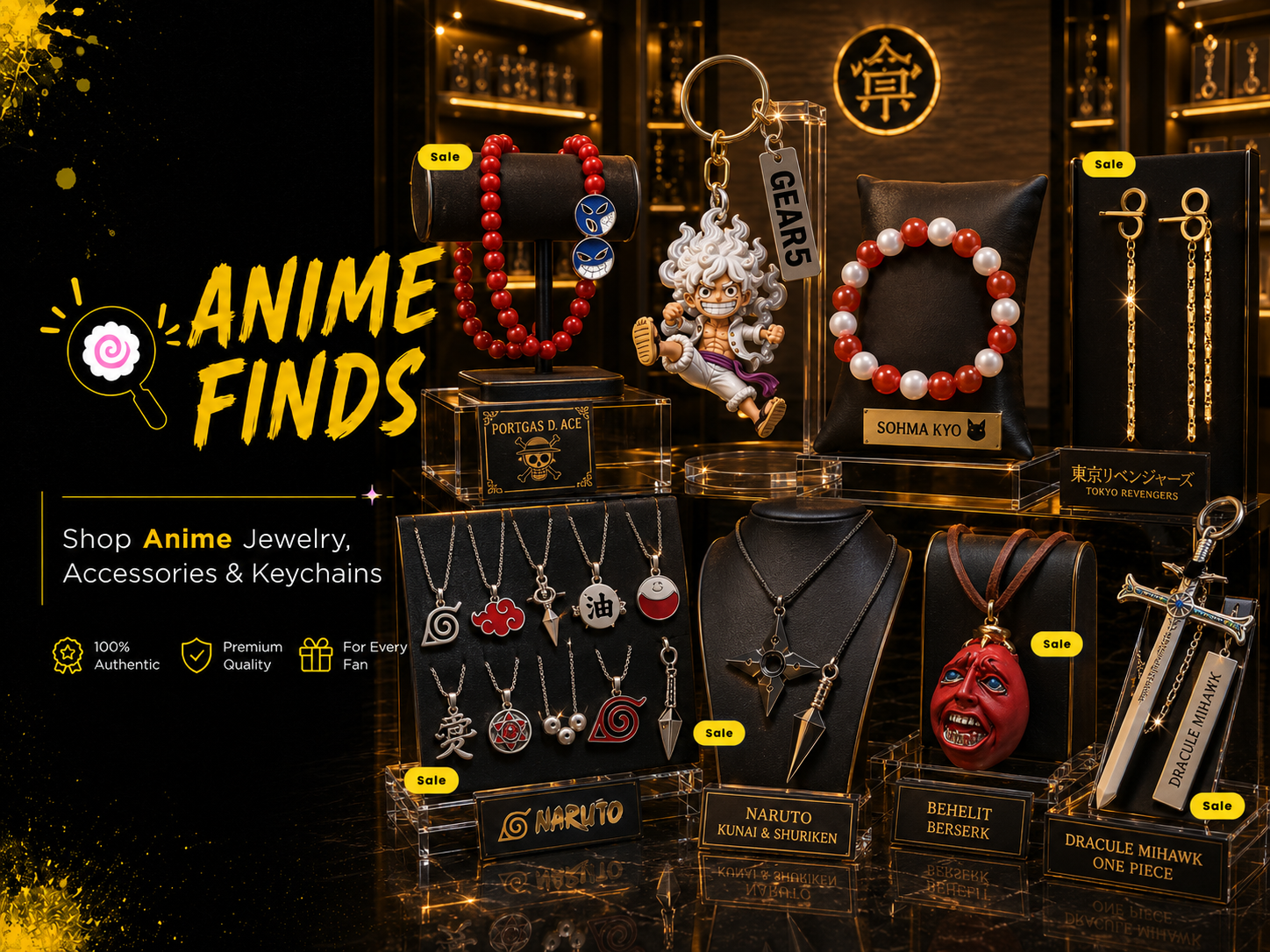 Anime-themed jewelry and accessories displayed on a dark background with 'Anime Finds' branding.