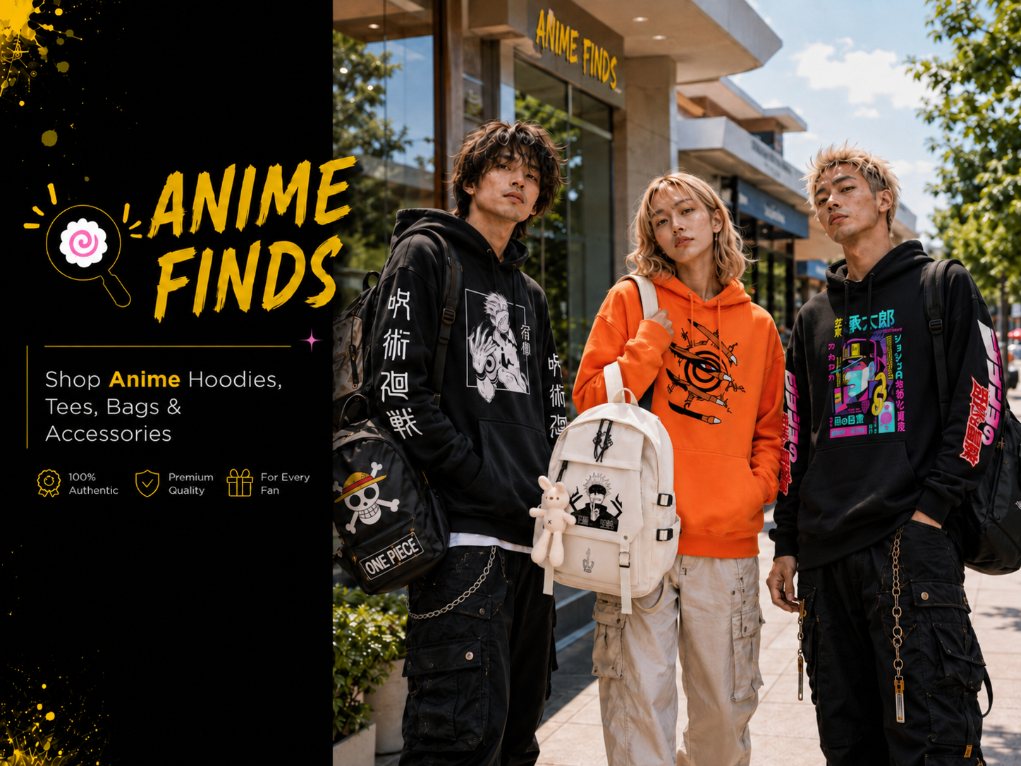 Anime merchandise featuring clothing, bags, backpacks, figures, collectibles, jewelry and accessories inspired by popular anime series and characters.
