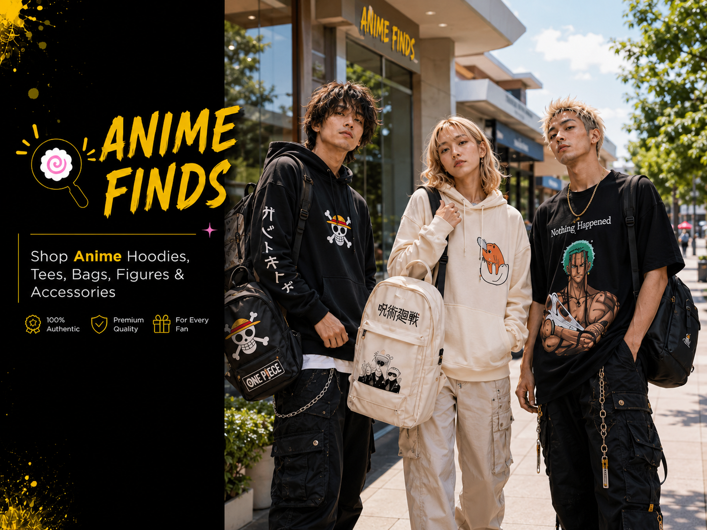 Anime merchandise featuring clothing, bags, backpacks, figures, collectibles, jewelry and accessories inspired by popular anime series and characters.
